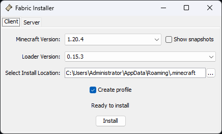 Fabric Installer con "Installa" evidenziato